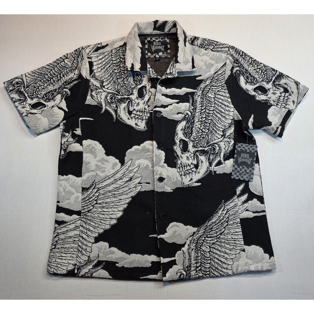 Rebel Vengeance Tapestry Winged Skull Button Up Shirt Mens X Large New with Tags